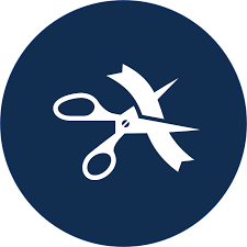 White ribbon and scissors icon on a dark blue circle background.