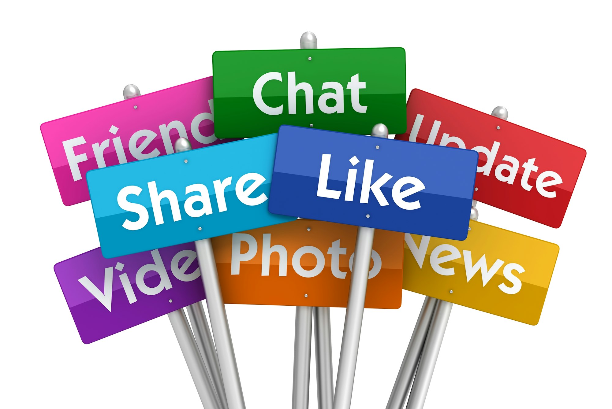 Signs with social media functions such as Like, Share, and Chat