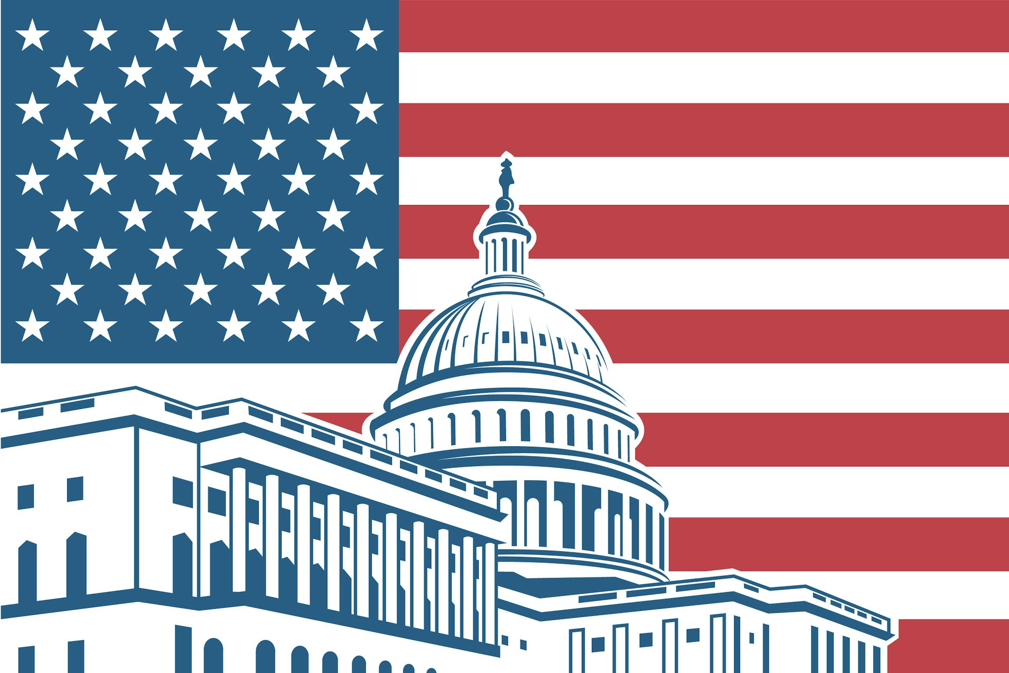 USA flag behind a drawing of the US Capitol building