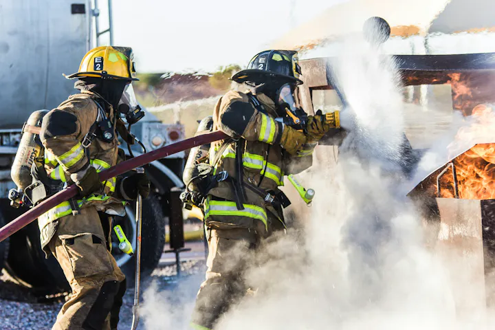 Firefighters extinguish flames with a hose.