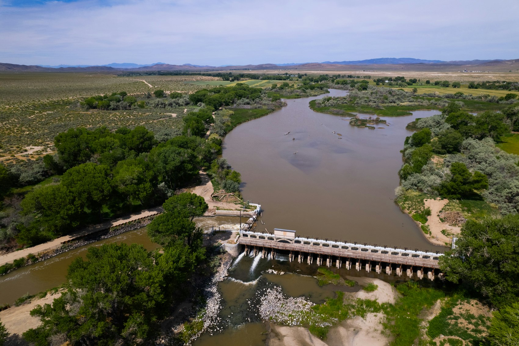 River with a small dam, surrounded by green trees and fields, under a clear sky.