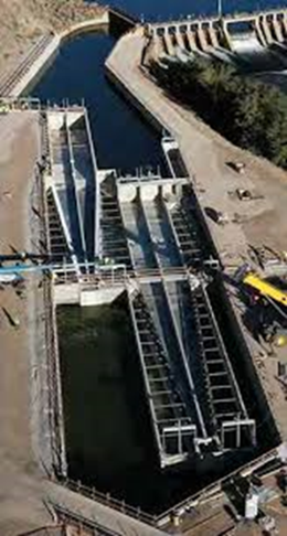 Aerial view of a fish ladder beside a dam, enabling fish to migrate upstream.
