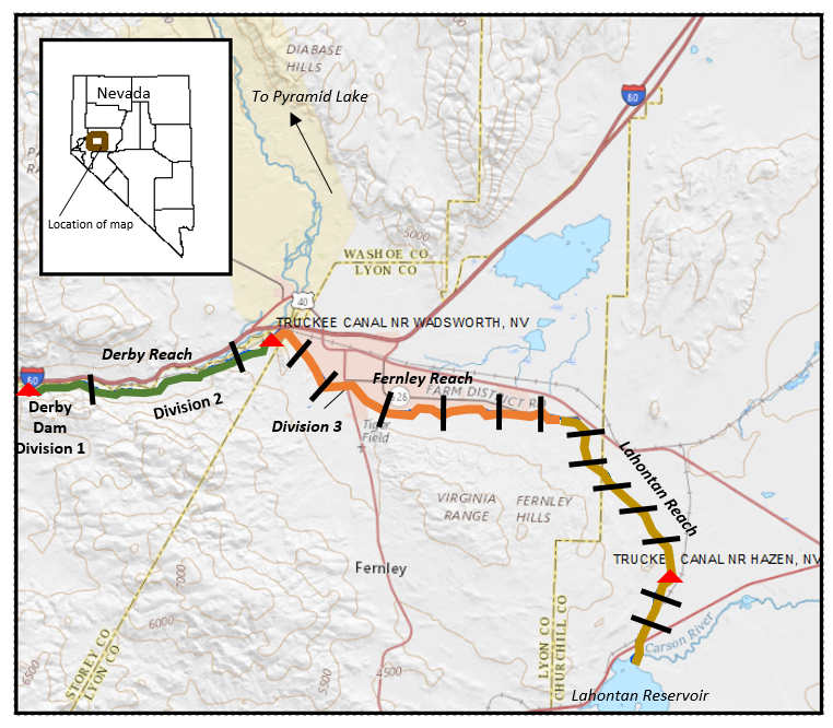 Map of the Truckee Canal in Nevada, showing Derby, Fernley, and Lahontan Reaches, divisions, and landmarks like Derby Dam and Lahontan Reservoir.