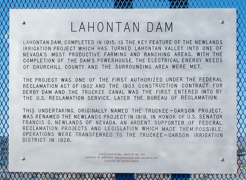 Plaque about Lahontan Dam, key to the Newlands Project in Nevada, critical for irrigation and energy, completed in 1915.