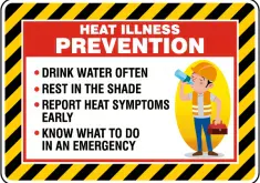 The image promotes heat illness prevention with tips: drink water, rest in the shade, report symptoms, and know emergency actions.