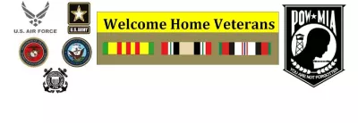 The image features military logos, a "Welcome Home Veterans" banner, and various service ribbons, emphasizing honor and recognition.