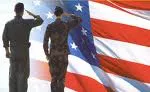 Two soldiers saluting in front of the American flag, symbolizing respect and patriotism.