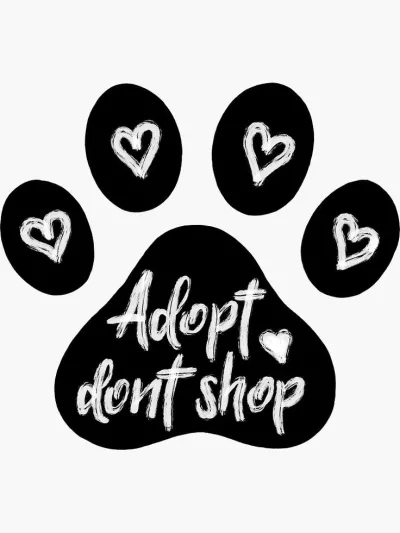 A paw print design featuring the message "Adopt don't shop" with hearts, promoting pet adoption.