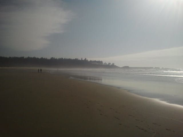 A serene beach scene with gentle waves, a misty horizon, and two figures walking along the shore under a bright sky.