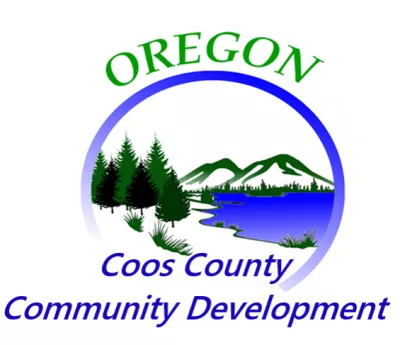The image features a logo for Coos County Community Development in Oregon, depicting trees, mountains, and water.