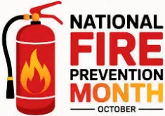 The image promotes "National Fire Prevention Month" in October, featuring a fire extinguisher and flames.