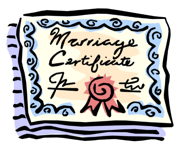 The image depicts a colorful marriage certificate with ornate borders and a red seal.