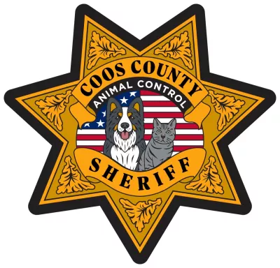 The image features a badge for Coos County Animal Control, depicting a dog and a cat, set against an American flag background.
