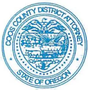 The image depicts the seal of the Coos County District Attorney for the State of Oregon, featuring a heraldic design and text.