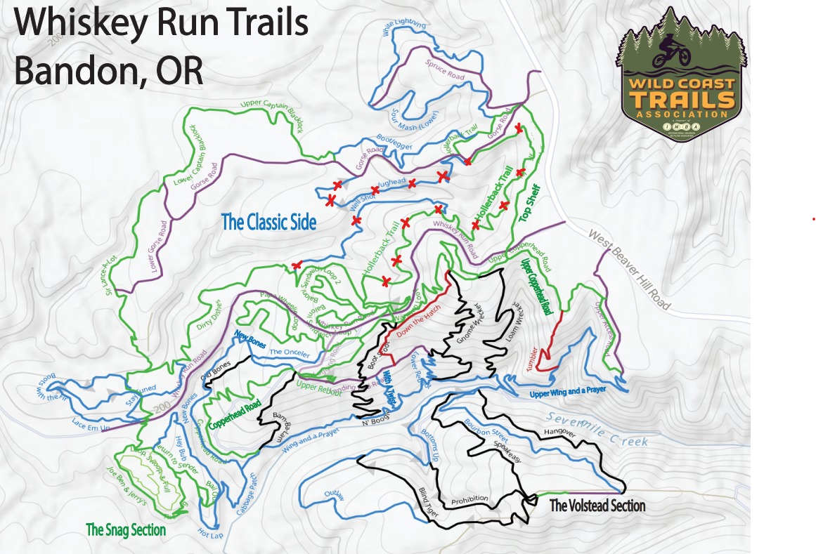 Map of Whiskey Run Trails in Bandon, OR, showing various trail sections and routes, including The Classic Side and The Volstead Section.