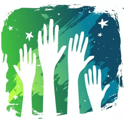 The image features stylized white hands raised against a colorful gradient background with stars, symbolizing support and unity.