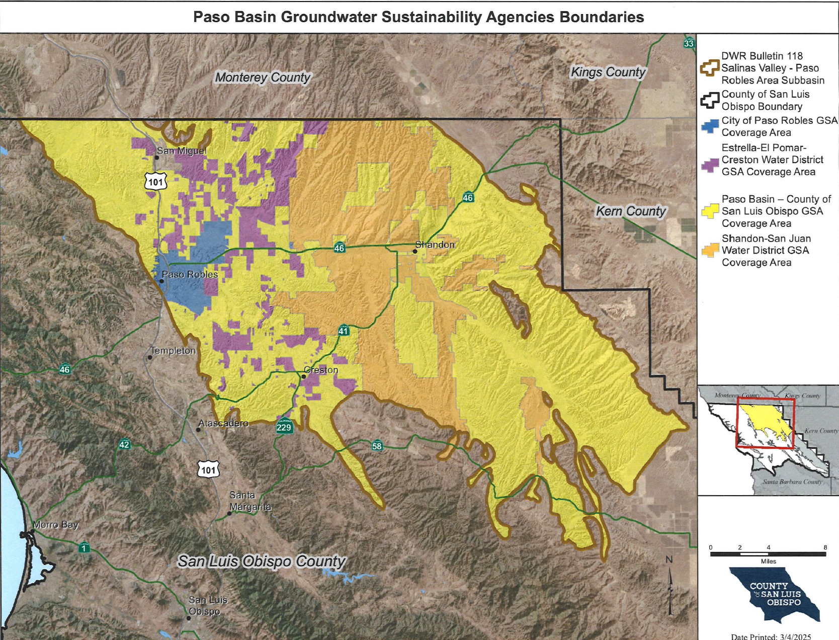Map showing groundwater sustainability agency boundaries in the Paso Basin area of San Luis Obispo County, California.