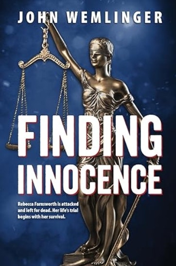 The image features a book titled "Finding Innocence" by John Wemlinger, highlighting a story of survival and justice.