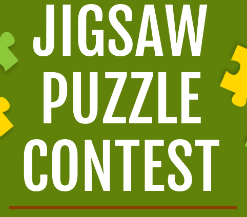 The image promotes a "Jigsaw Puzzle Contest" underlined in brown with puzzle pieces in green and yellow on a vibrant green background.