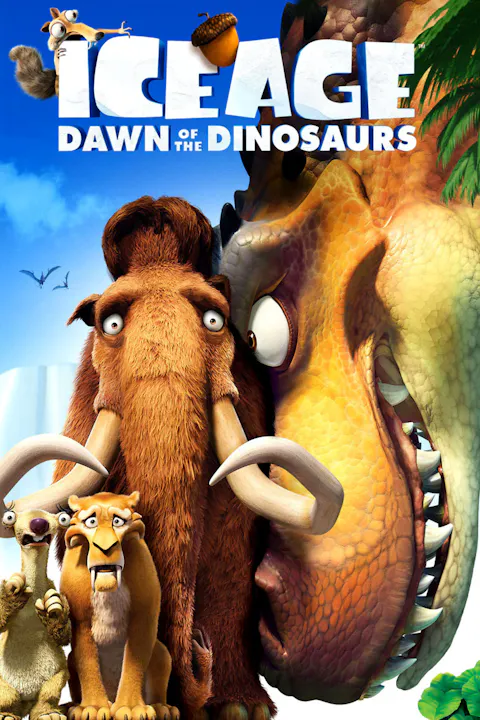 The image features characters from "Ice Age: Dawn of the Dinosaurs," including a mammoth, sloth, and dinosaur, highlighting their adventures.