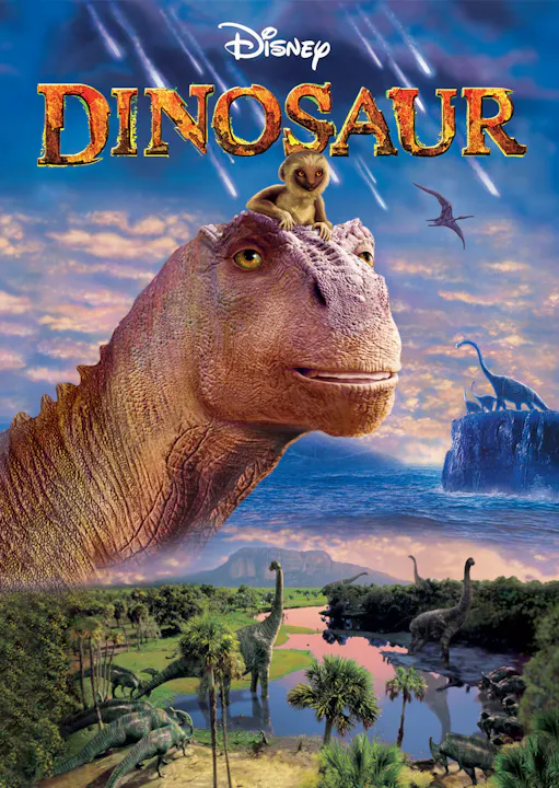 The image features the movie poster for Disney's "Dinosaur," showcasing dinosaurs in a prehistoric landscape.