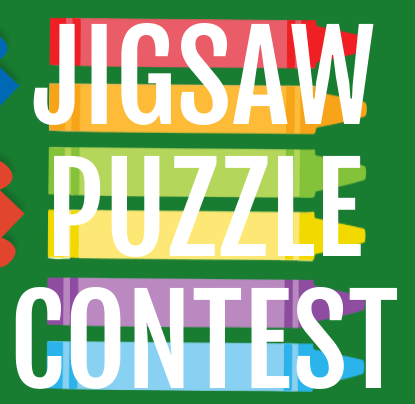 Text "Jigsaw Puzzle Contest" over colorful jigsaw pieces on a green background.