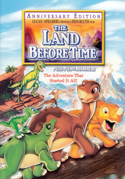 The image is a cover of "The Land Before Time," an animated film featuring young dinosaurs on an adventure.