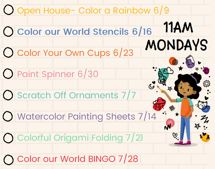 Weekly art activities list with dates, 11am Mondays, featuring a cartoon artist on the right surrounded by colorful art.