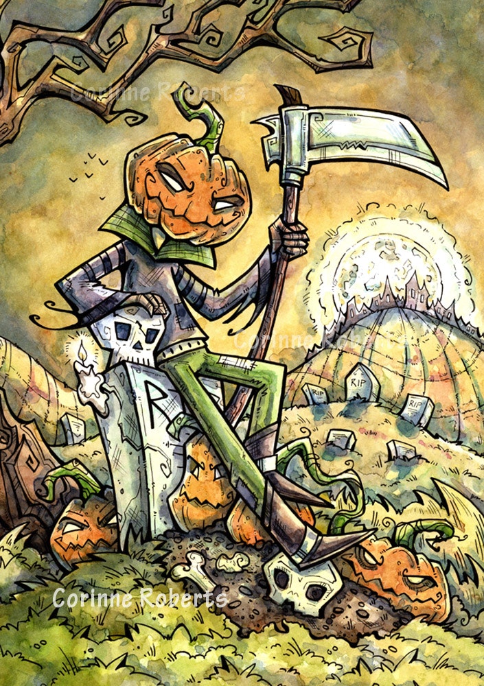 A pumpkin-headed figure with a scythe sits on a tombstone, surrounded by pumpkins and gravestones in a spooky landscape.