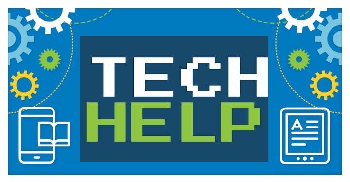 "TECH HELP" text with gears, a smartphone, and a tablet icon on a blue background.