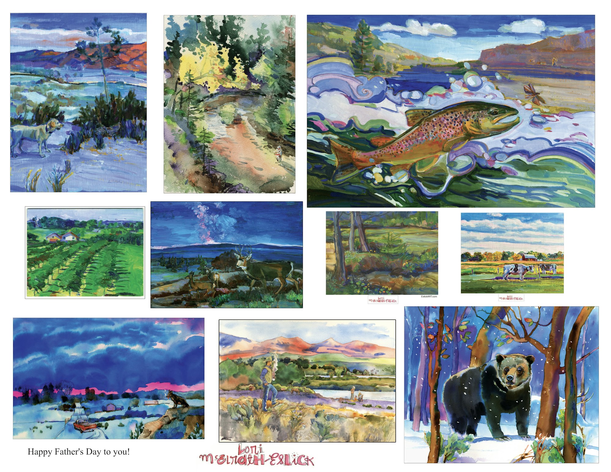 A collage of colorful landscapes and wildlife paintings, featuring scenes of rivers, mountains, animals, and a Father's Day greeting.