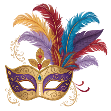 An ornate masquerade mask with colorful feathers and decorative swirls.
