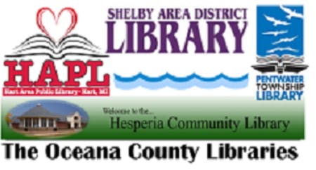 Logos for Shelby Area District Library, Hart Area Public Library, Pentwater Township Library, and Hesperia Community Library in Oceana County.