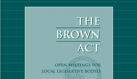 The image is about "The Brown Act," which ensures open meetings for local legislative bodies.