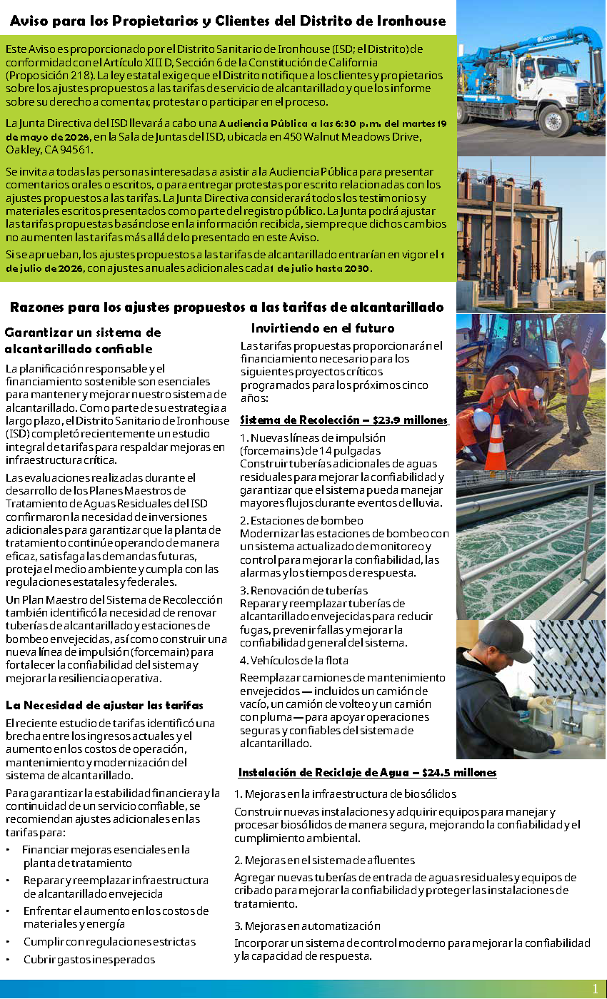 The image is an announcement for the Ironhouse Sanitary District regarding proposed rate adjustments and a public meeting on May 19, 2026.