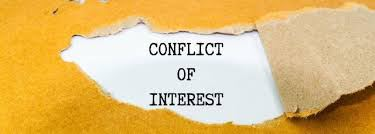 An orange background with torn paper revealing the phrase "CONFLICT OF INTEREST."