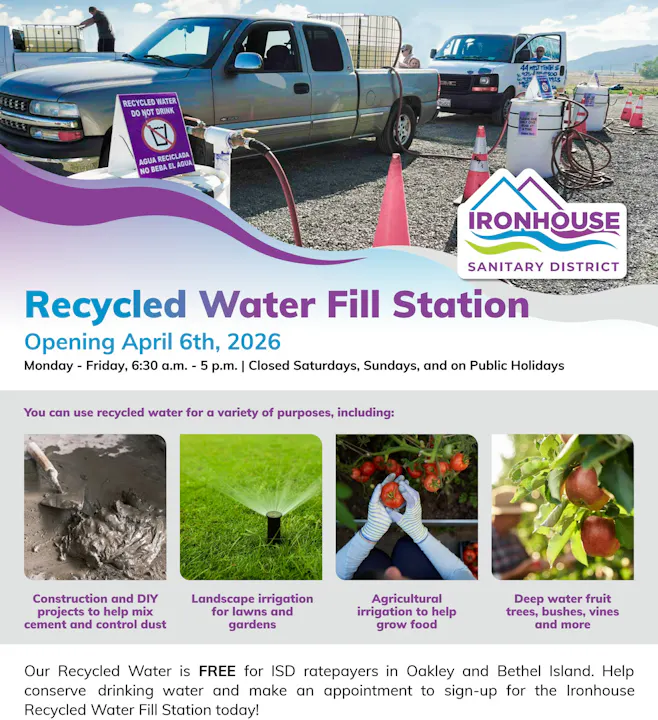 A flyer for a recycled water fill station opening April 6, 2026, offering free water for various uses, with operating hours included.