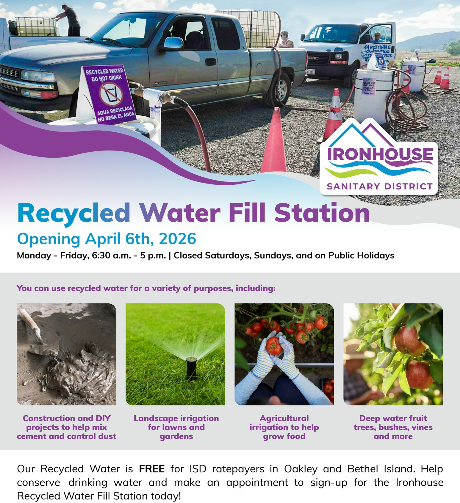A flyer for a recycled water fill station opening April 6, 2026, offering free water for various uses, with operating hours included.