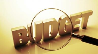 The image shows the word "BUDGET" in a bold, metallic style, magnified through a glass lens with a pen beside it.
