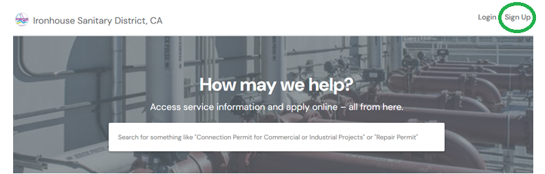 The image shows the website of Ironhouse Sanitary District, CA, offering online service information and applications.