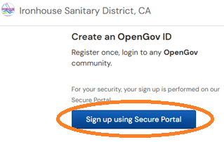 The image promotes creating an OpenGov ID for the Ironhouse Sanitary District, CA, encouraging sign-up via a secure portal.