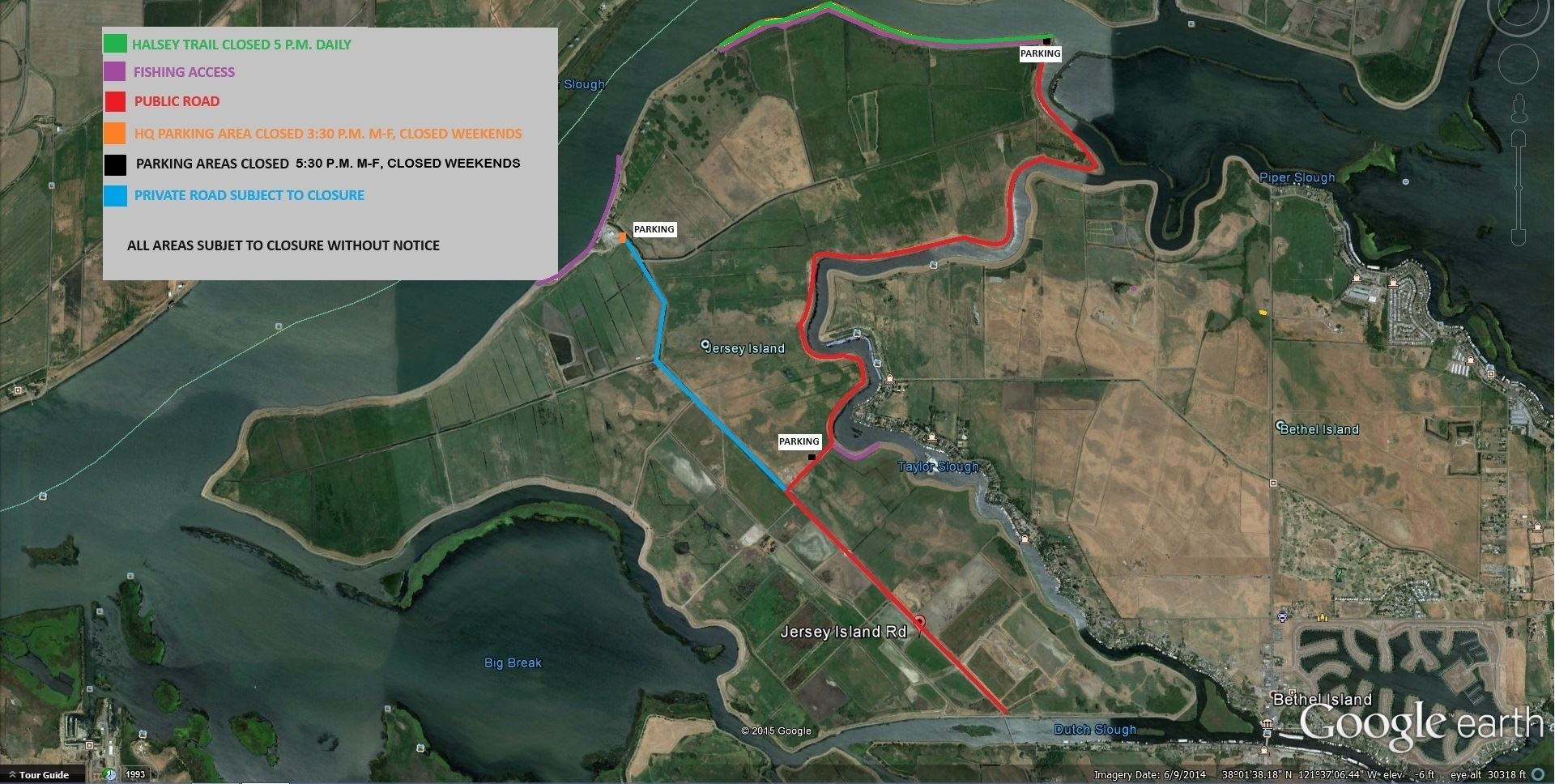 Map indicating closed areas, parking, fishing access, and trail restrictions around Jersey Island and nearby regions.
