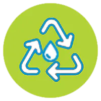 The image features a recycling symbol with arrows and a water droplet, emphasizing water conservation and recycling efforts.