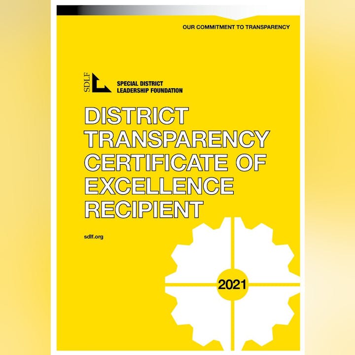 The image displays a certificate from the Special District Leadership Foundation, recognizing a district for transparency excellence in 2021.