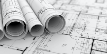 The image features rolled architectural blueprints on a flat surface, showcasing detailed design plans and layouts.