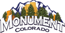 Logo of Monument, Colorado, featuring mountains, trees, and text.