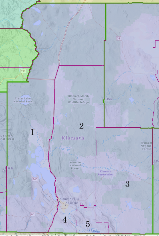 The image shows a map of the Klamath region, highlighting areas like national parks, wildlife refuges, and forests.