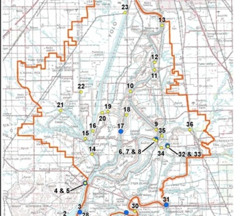 A map outlined in orange with numbered points marked in yellow and blue, showing a geographic area with rivers and place names.