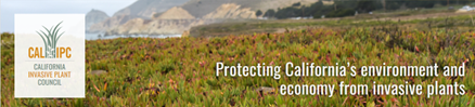 California Invasive Plant Council banner, with coastal background and text about protecting the environment from invasive plants.