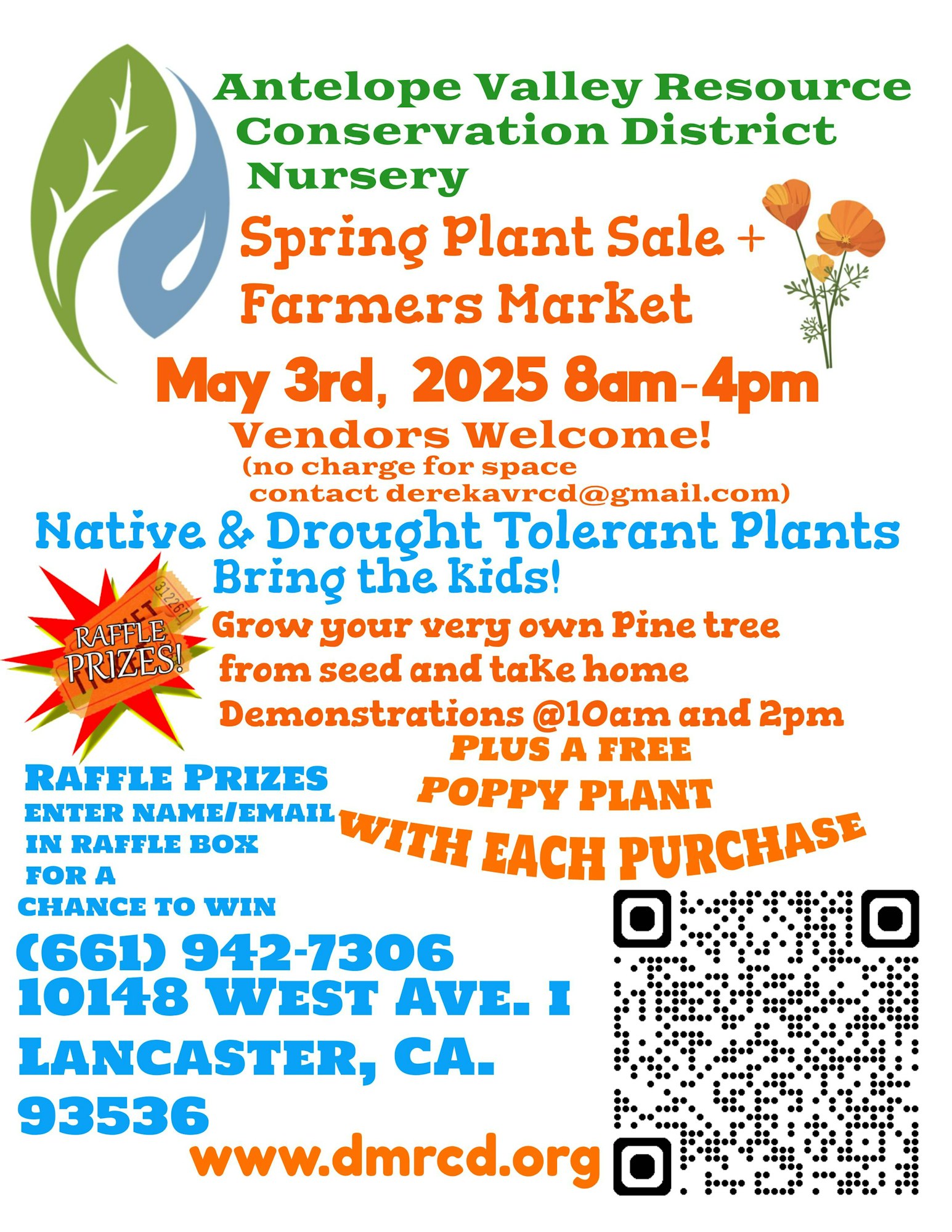 Spring Plant Sale + Farmers Market on May 3rd, 2025, in Lancaster, CA. Raffle prizes, demos, free poppy plant. Vendors welcome.